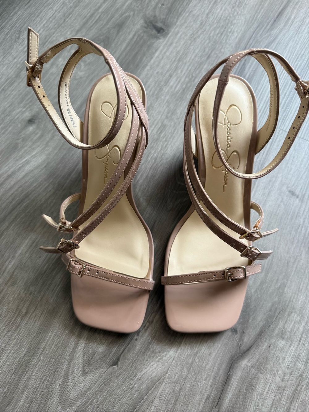 Patent Leather Jessica Simpson Beige Strappy Square-Toe Heels chai latte